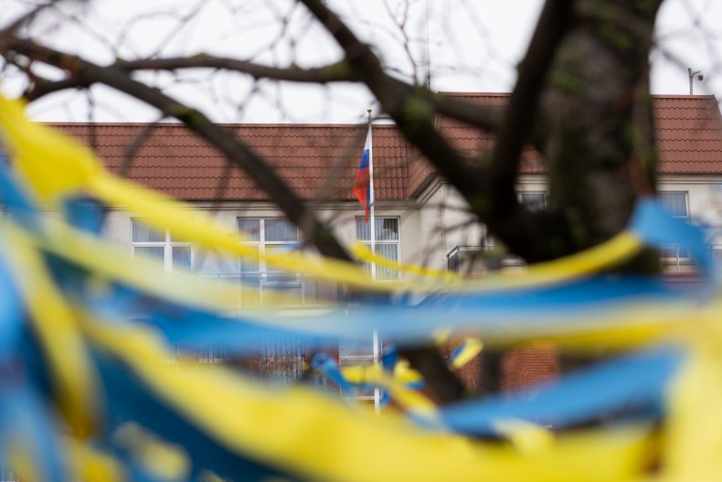 Russia consulate and Ukraine colors in Lithuania