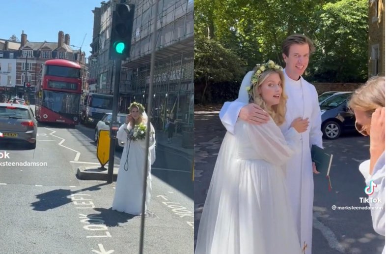Bride on her wedding day hitchhiking