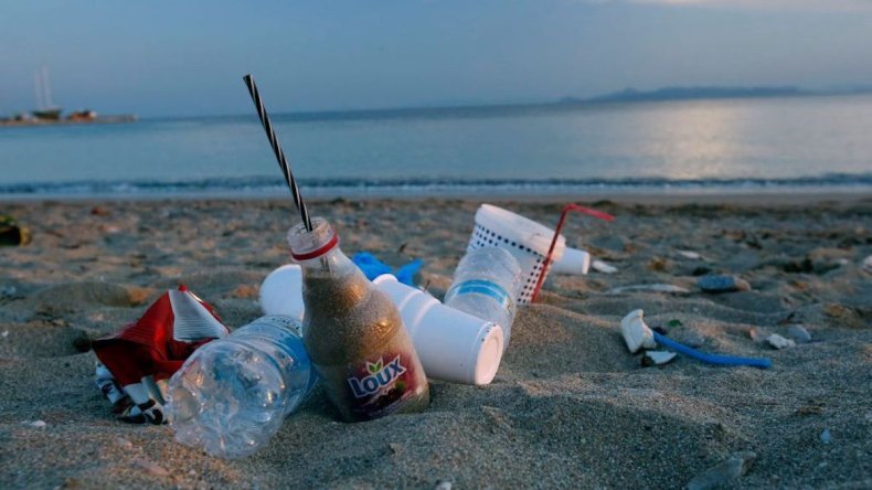 Trash on beach in Athens, Greece