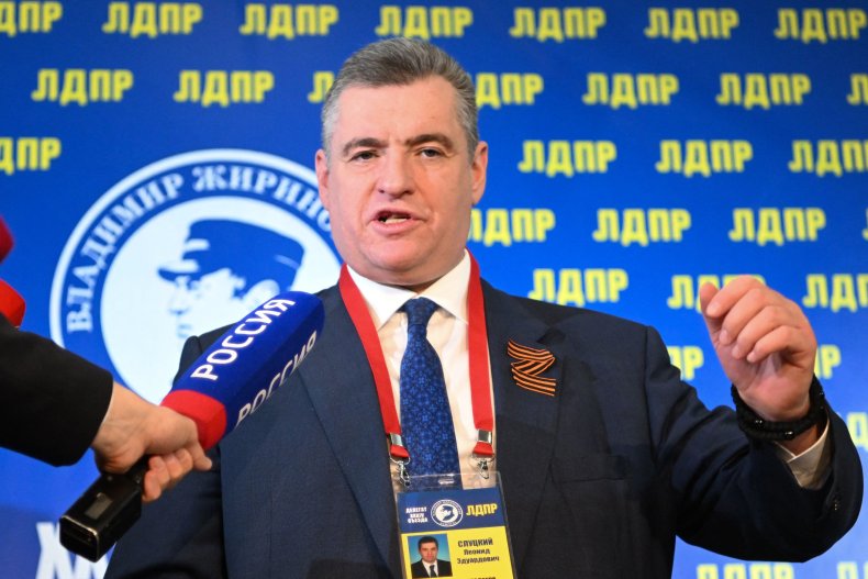 Russian lawmaker Leonid Slutsky delivers a speech