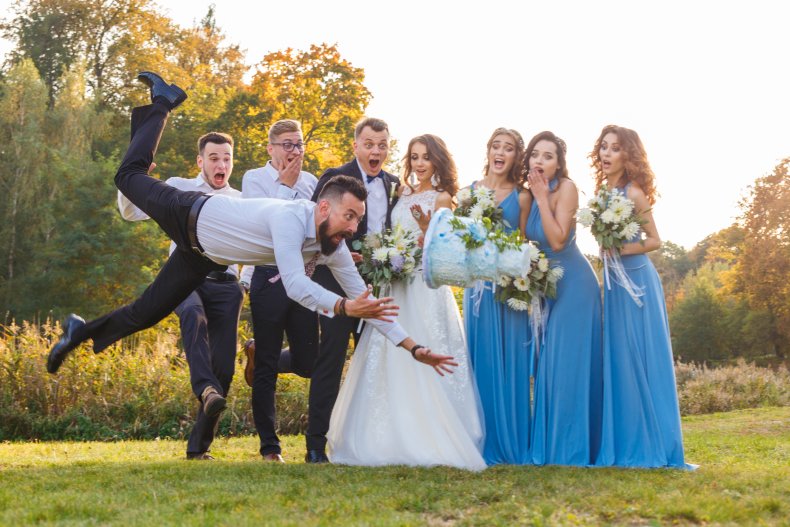 Man falling in front of wedding party