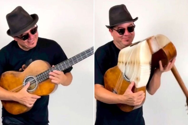 Felix Semper with guitar origami sculpture