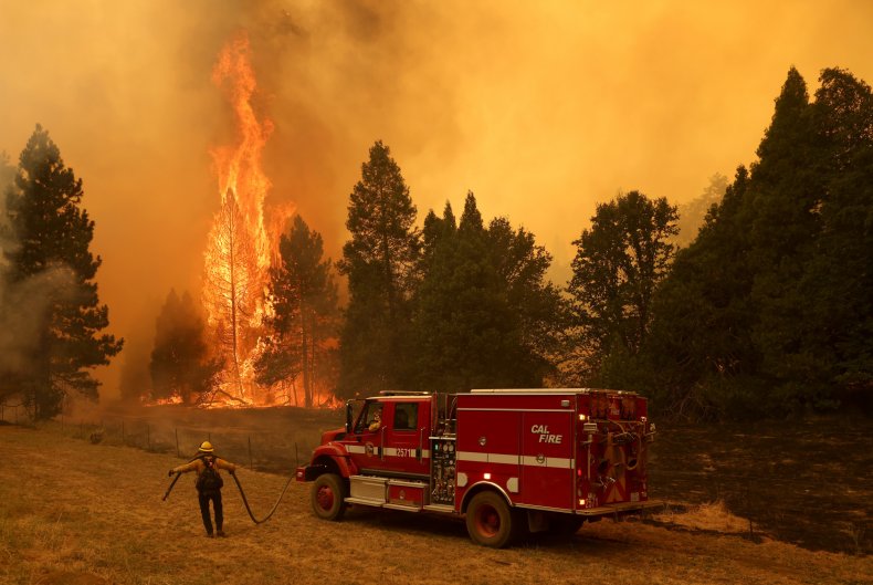A Cal Fire firefighter monitors Oak Fire