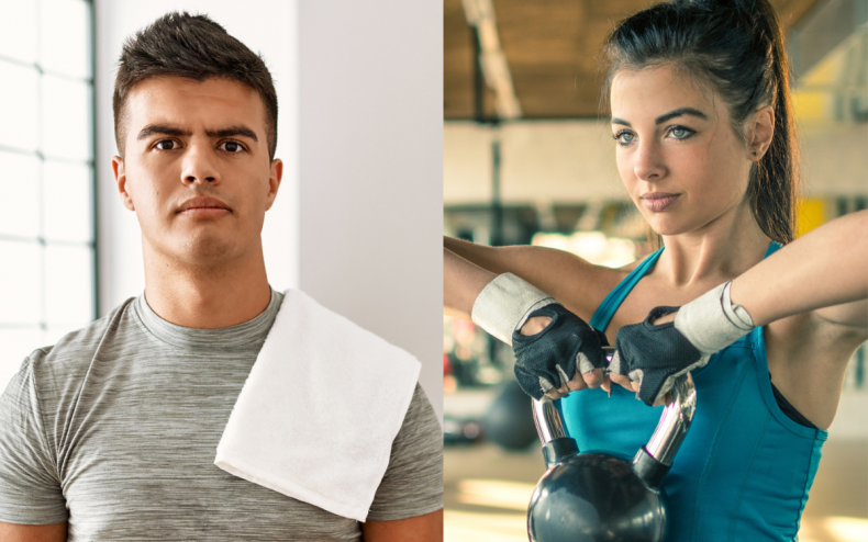 A man and woman in gym settings.