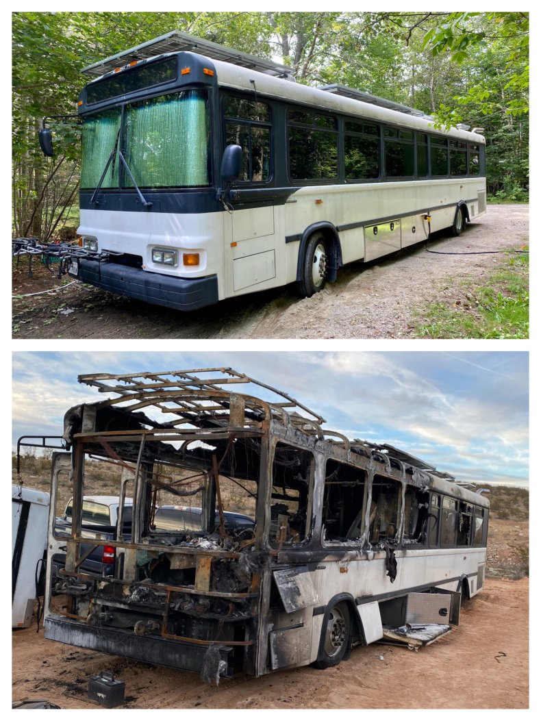 Immagini di un autobus a rimorchio prima, dopo l'incendio.