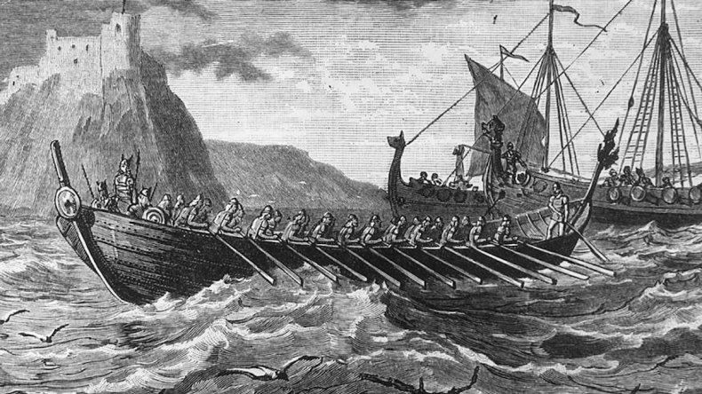 Circa 900 AD, Viking ships invading England