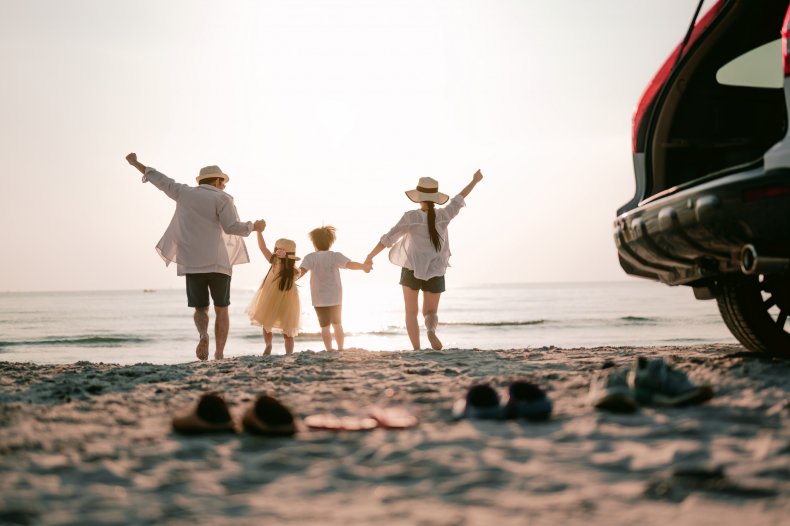 A family on a beach vacation. 
