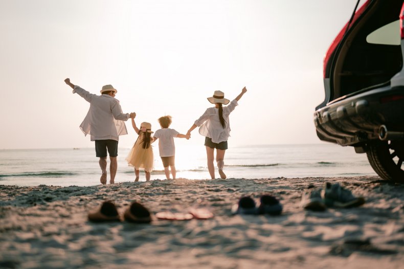 A family on a beach vacation.