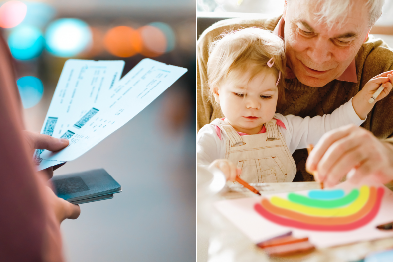 Flight tickets and grandchild with grandfather