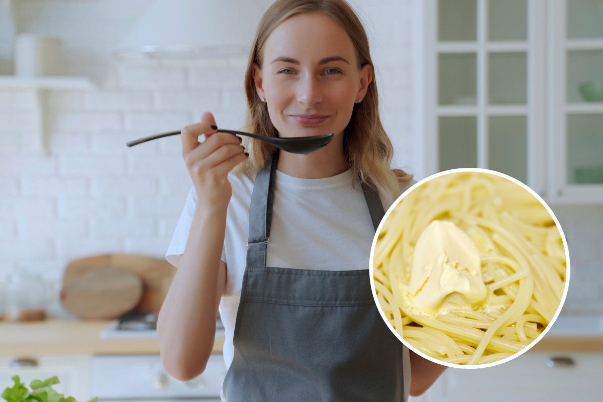 Woman cooking and butter on pasta