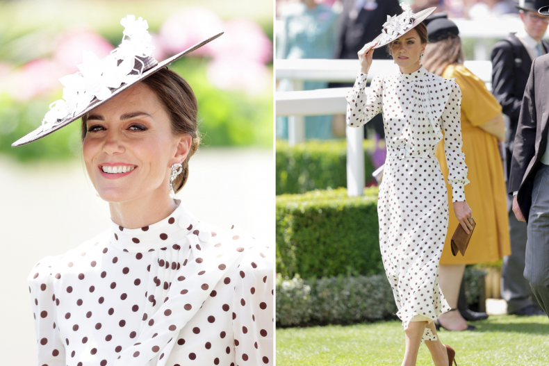 Kate Middleton wore a white and chocolate brown polka dot spotted day dress...