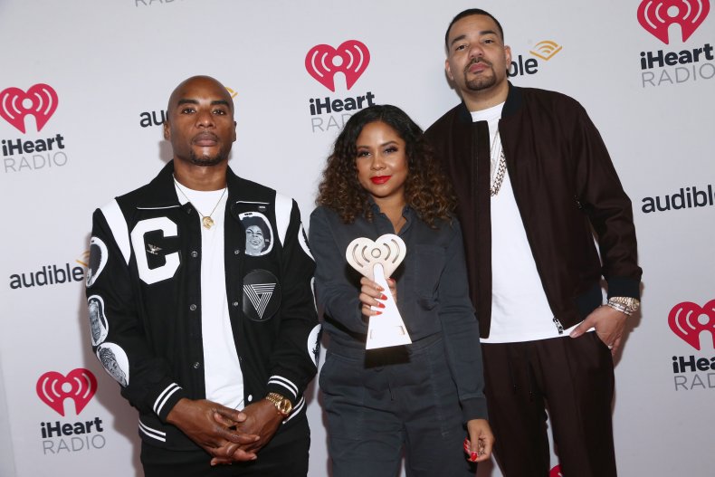 Charlamagne, Angela Yee and DJ Envy pose