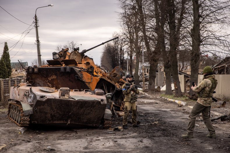 Destroyed Russian military vehicle in Bucha, Ukraine.
