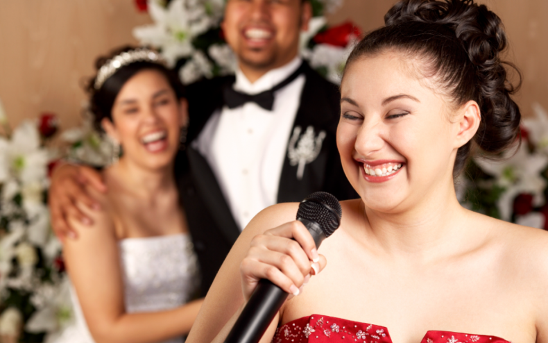 A woman giving a wedding speech.