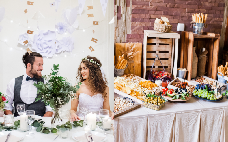 A bride and groom with wedding food.
