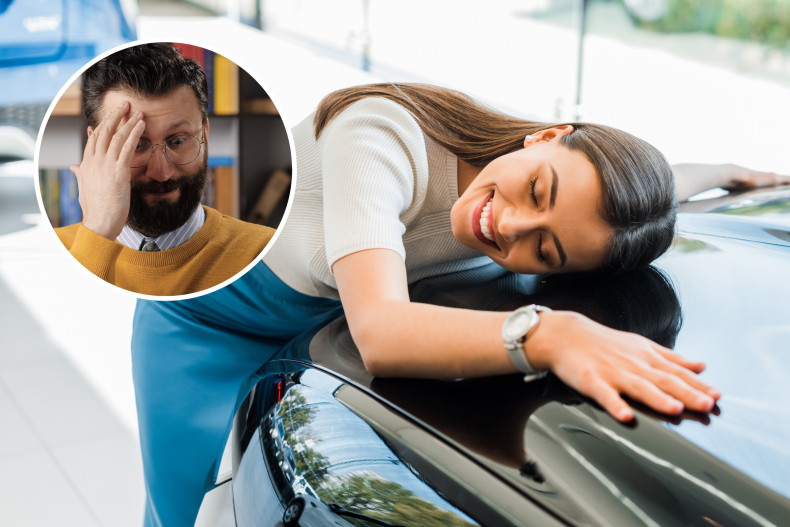 man embarrassed woman with car