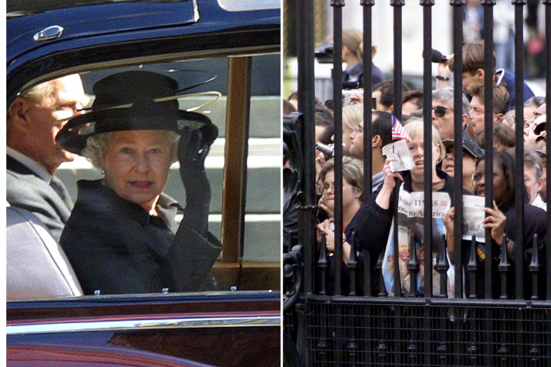 Queen and crowds at Buckingham Palace. 