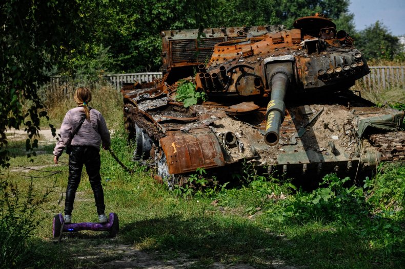 A destroyed Russian army tank