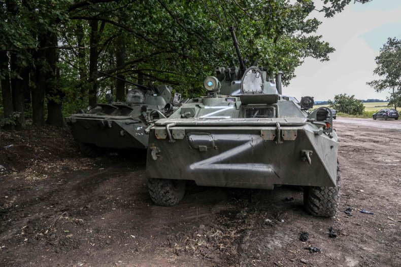 Russian military vehicles are seen in Balakliya