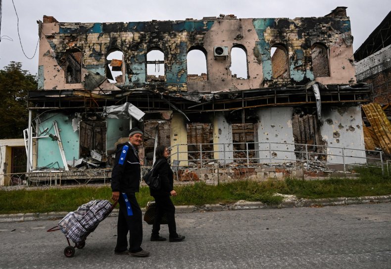 Couple walking in Izyum, Ukraine