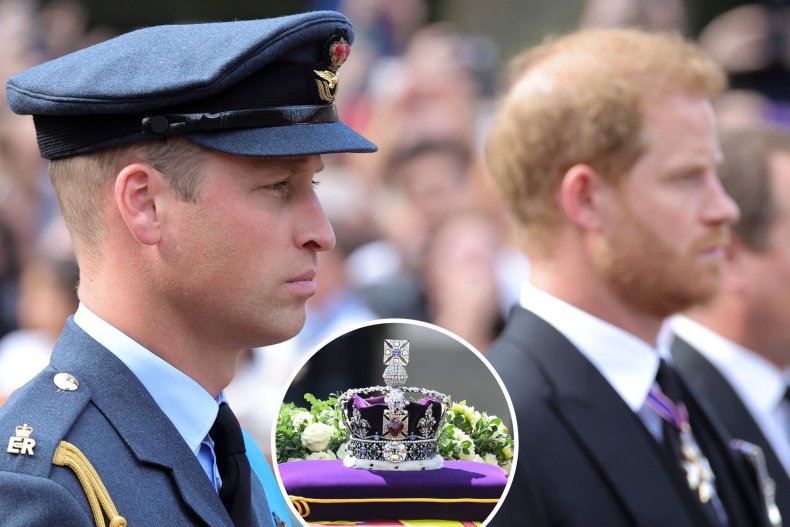 William, Harry in Procession Behind Queen Coffin