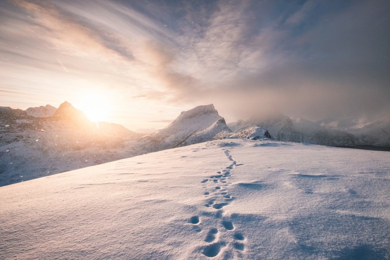 Pasos de la montaña ártica en nieve