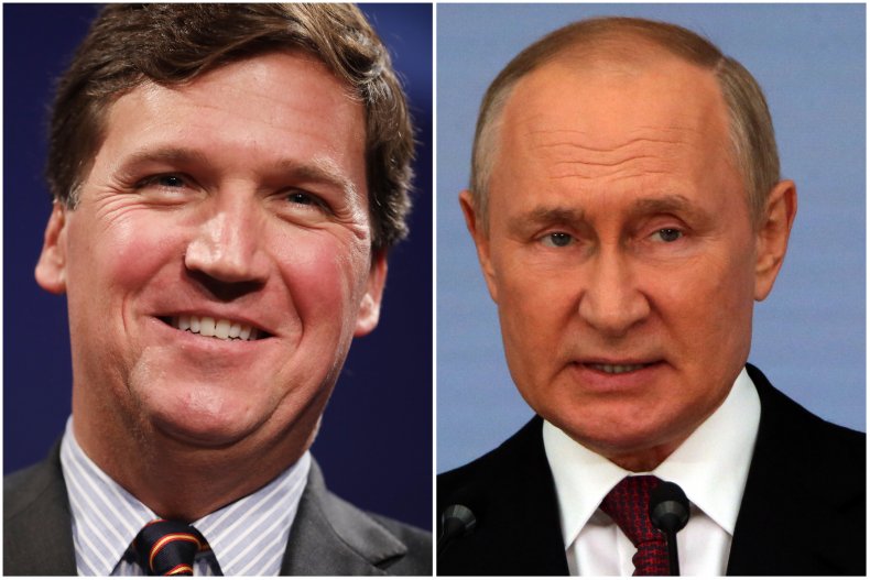 A split image of Carlson and Putin