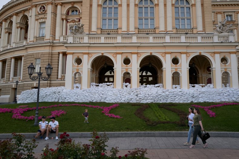 Sandbags on Opera House in Odesa