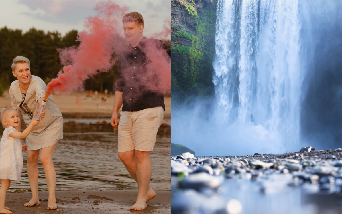 A gender reveal and a waterfall.