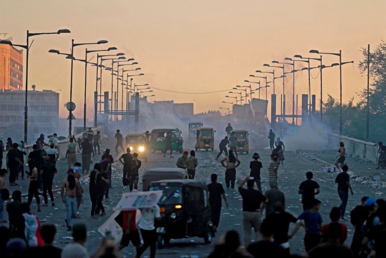 Sadr, supporters, protest, in, Baghdad, Iraq