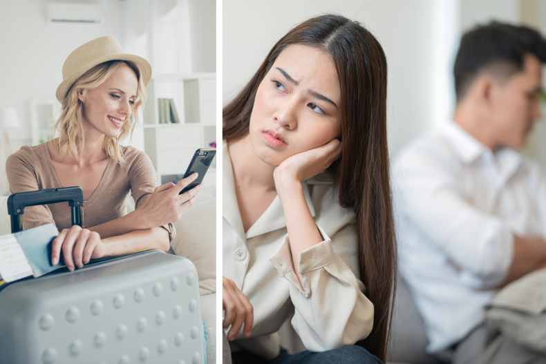 Woman sits with suitcase and couple argue