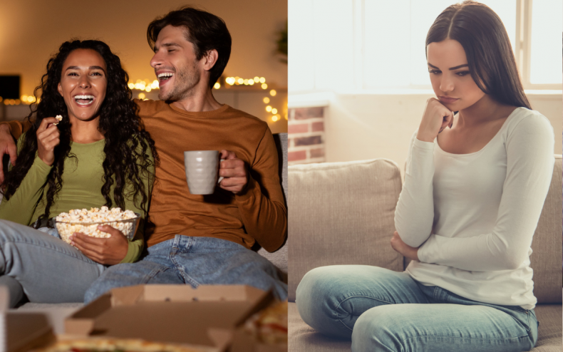 A laughing couple and an angry woman.