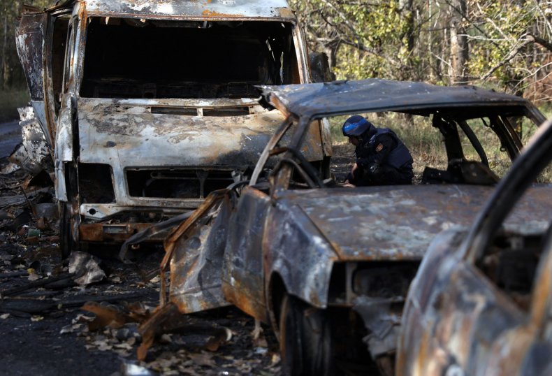 Burnt out vehicles in the Kharkiv region