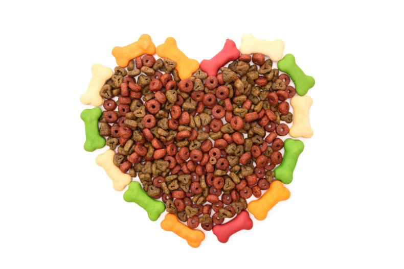 Dog biscuits and kibble in heart shape.