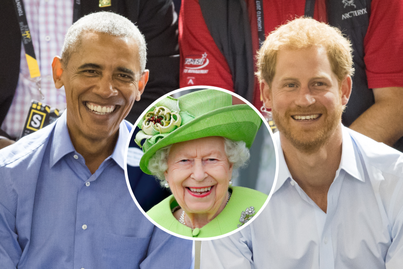 Dramatización del príncipe Harry y la reina Isabel Obama