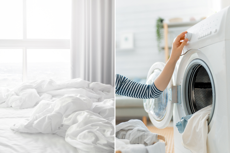Ropa de cama en la cama y mujer lavando ropa