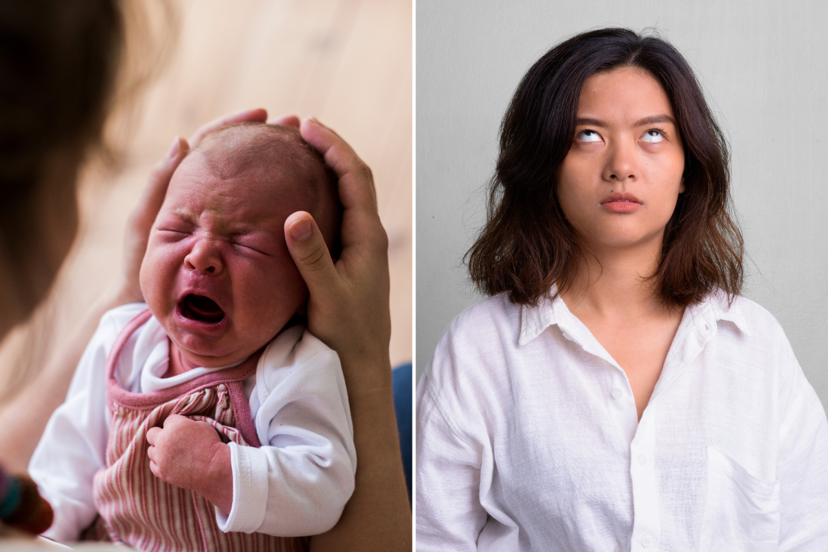 Crying baby and eye-rolling woman