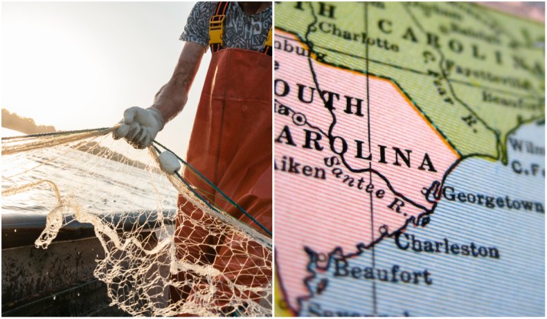 Fisherman with net and South Carolina map