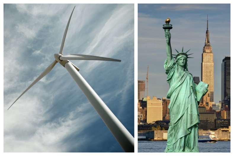 wind turbine and the statue of liberty