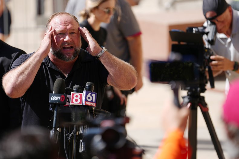 Alex Jones Speaks to Media Outside Trial