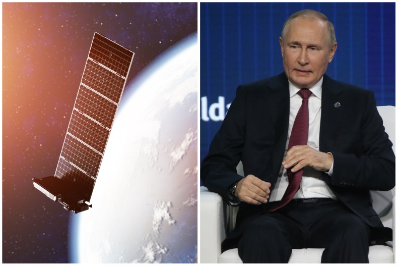 Split image of a satellite and Putin