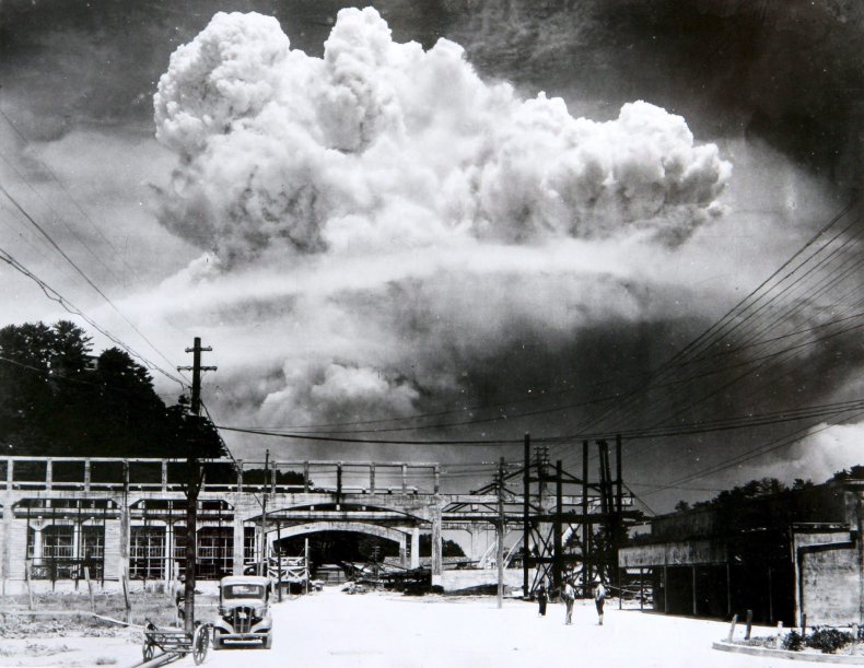 An atomic bomb mushroom cloud over Nagasaki
