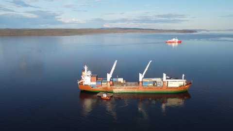 ship with Jehovah's Witnesses construction containers