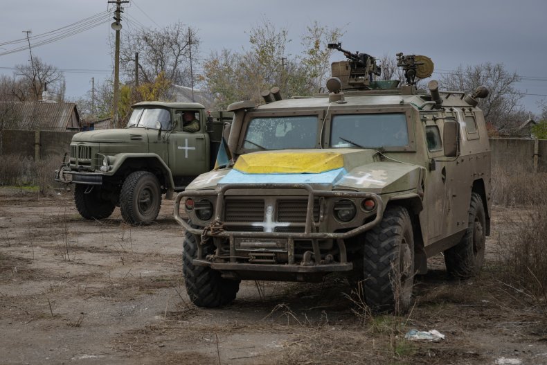 Ukrainian vehicles in the liberated Kherson village November