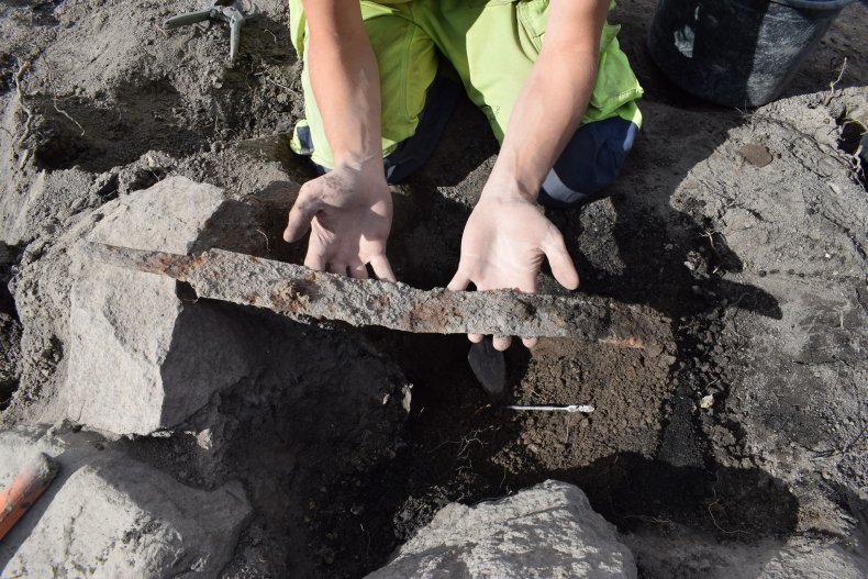 Ancient viking sword at excavation site