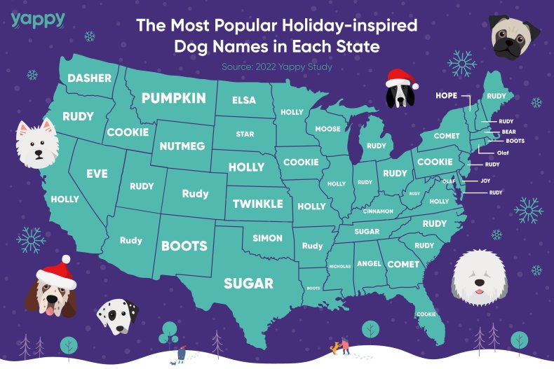 Most popular holiday-inspired dog names by state.