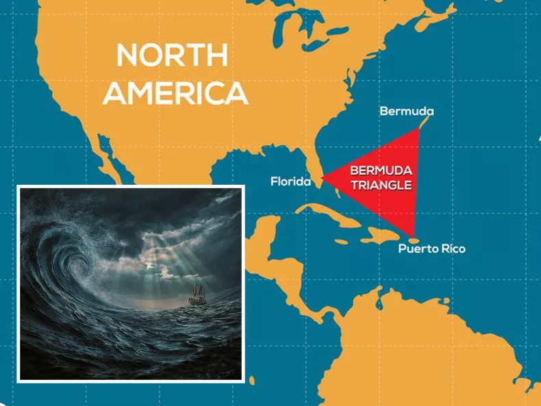 Map of Bermuda Triangle with inset illustration of a large wave about to crash on a ship