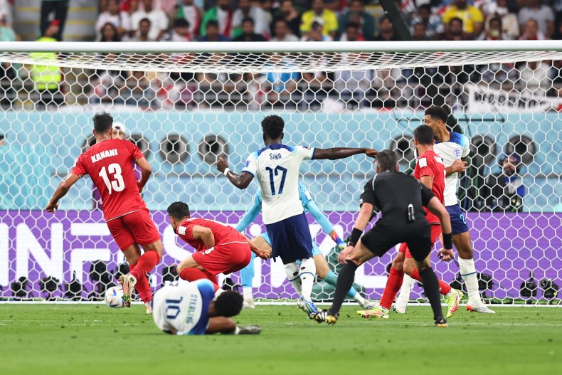Bukayo Saka of England scores a goal