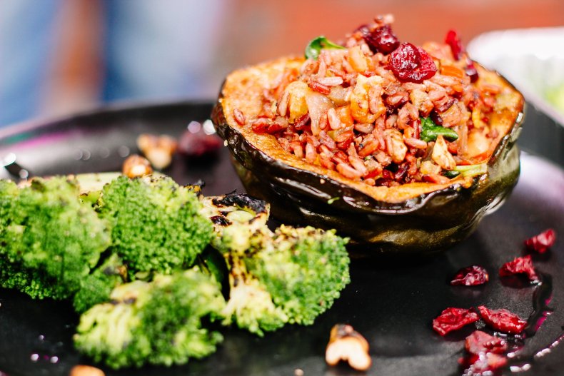 A vegan stuffed acorn squash dish.