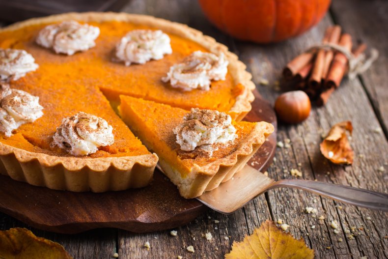 Piece of pumpkin pie being served.